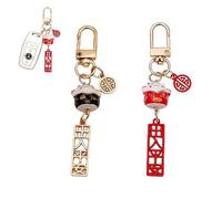 Hoshisea 2 Llaveros Maneki Neko, Colgante Gato La Suerte, Cerámica, 9.5 × 1 × 3 Cm, para Bolsos, Llaveros, Regalos (Rojo, Negro)