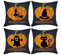 Hoshisea 4 Piezas Halloween Decorative Pillow Cases Set, Funda de Almohada Decorativa de Calabaza, Gato, Fantasma y Bruja, para Halloween, Ideal para el sofá del Dormitorio (45 x 45 cm)