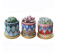 Hosmore Macetas Suculentas, Macetas con Drenaje y Bandeja de Bambú Macetas Pequeñas Cactus Mini Flores con Platillo Macetas de Jardín, Paquete de 3 (Mandala)