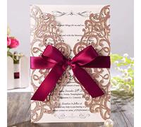 Hosmsua 20 oro rosa tarjetas de invitación de boda de encaje cortado con láser con cinta de color burdeos y sobres para despedida de soltera