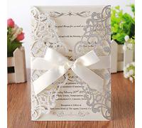 Hosmsua 20 tarjetas de invitación de bodas de encaje cortadas por láser flash plateado con lazo de cinta y sobre para la ceremonia de graduación del cumpleaños de compromiso de la ducha de la novia
