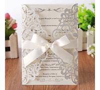Hosmsua 50pcs tarjeta de invitación de boda de corte láser plateado con lazo y sobre en blanco boda ducha nupcial cumpleaños de compromiso invitación quinceanera