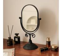 Hosoncovy Espejo de escritorio con marco de metal con soporte, espejo ovalado de pie para maquillaje de mesa para baño y dormitorio (negro)