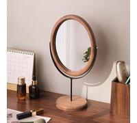 Hosoncovy Espejo de escritorio de madera con soporte, espejo de tocador, espejo de maquillaje de base redonda, espejo de mesa con soporte ovalado para baño (negro-marrón claro)