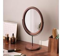 Hosoncovy Espejo de escritorio de madera con soporte, espejo de tocador, espejo de maquillaje de base redonda, espejo de mesa con soporte ovalado para baño (negro-marrón oscuro)