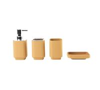 Hosoncovy Juego de 4 accesorios de baño con dispensador de jabón, taza de baño, jabonera, cepillo de dientes y soporte para pasta de dientes (amarillo morandi)