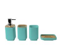Hosoncovy Juego de 4 accesorios de baño con dispensador de loción, taza de gárgaras, jabonera, cepillo de dientes y soporte de pasta de dientes, juego de 4 recipientes de baño (azul brillante)