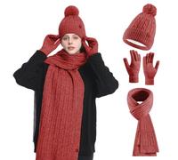 HOSPAOP Conjunto de gorro, bufanda y guantes para mujer, 3 en 1, gorro de invierno para mujer, gorro con pompón, bufanda de invierno, guantes para pantalla táctil, set de calor para exteriores y uso