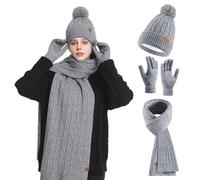 HOSPAOP Conjunto de gorro, bufanda y guantes para mujer, 3 en 1, gorro de invierno para mujer, gorro con pompón, bufanda de invierno, guantes para pantalla táctil, set de calor para exteriores y uso