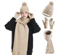 HOSPAOP Conjunto de gorro, bufanda y guantes para mujer, 3 en 1, gorro de invierno para mujer, gorro con pompón, bufanda de invierno, guantes para pantalla táctil, set de calor para exteriores y uso