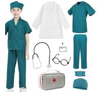 HOSPAOP Disfraz de médico para niños de 9 piezas - bata de médico y ropa quirúrgica con estetoscopio, gafas y bolsa, disfraz de carnaval para niños y niñas, disfraz de enfermera para niños, disfraz de