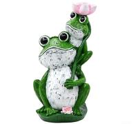 Hosrivae Estatua de rana con loto, adorno de resina para jardín, patio, césped, impermeable, al aire libre, animal con luz automática, decoración verde, camino de patio, 11 x 10,5 x 25 cm