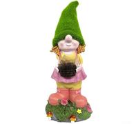 Hosrivae Estatua de resina con cesta de flores de Loli con energía solar, resistente a la intemperie, decoración de jardín, patio, césped, verde al aire libre, figura con luz automática, 14 x 12 x 34