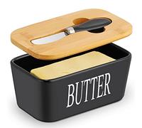 Hossejoy Mantequera grande con tapa y cuchillo, contenedor de mantequilla de porcelana de tamaño europeo diseñado con sellos dobles de silicona, caja de mantequilla de cerámica, queso, 650 ml (negro)