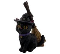HOSTENATURA Figura Gato Brujo con Escoba 11 cm | Estatua Esotérica de Protección e Intuición | Decoración Wicca y Mística en Resina