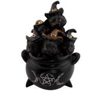 HOSTENATURA Figura Gatos Brujo en Caldero Mágico con Triple Luna 12,8 cm | Estatua Esotérica Wicca de Protección | Decoración Mística en Resina