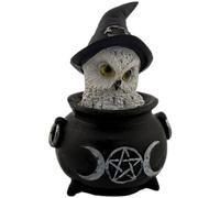 HOSTENATURA Figura Resina Búho Wicca con Caldero, Triple Luna y Sombrero Morado 10cm | Decoración Esotérica y Wicca | Estatua Mística en Resina