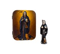 HOSTENATURA Figura Resina Santa Muerte Negra 5cm en Lata | Protección y Energía Espiritual | Mini Estatua Esotérica Decorativa
