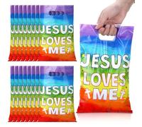 Hosuly 50 bolsas de regalo de plástico con asas, bolsas de regalo de Jesús Loves Me, bolsas de regalo religiosas con cruz cristiana, bolsa de regalo para fiesta de iglesia, suministros de fiesta,