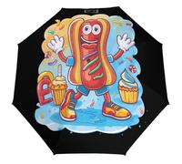 Hot Dog - Paraguas de viaje de 3 pliegues para lluvia UV, resistente al viento, plegable, portátil, divertido y automático