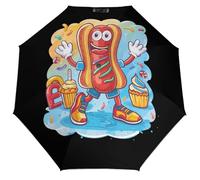 Hot Dog - Paraguas de viaje de 3 pliegues para lluvia UV, resistente al viento, plegable, portátil, divertido y automático