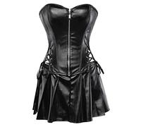 Hot girl tube top corset Faux PU cuero Mini falda 3pcs set Party Club Sexy Punk Traje negro Vestido Tallas grandes