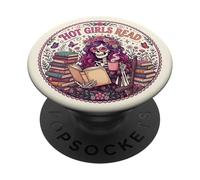Hot Girls Read Book Lover Floral Librarian Skeleton Bookish PopSockets PopGrip Adhesivo