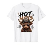 Hot Mess But First Coffee Powered by Cafeine Highland Cow Camiseta gráfica económica, Hombre, Blanco, S