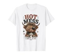 Hot Mess But First Coffee Powered by Cafeine Highland Cow Camiseta gráfica económica, Hombre, Blanco, S