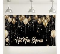 Hot Mess Express - Telón de fondo para fiesta, globos negros y dorados, impresiones elegantes para celebración de cumpleaños, decoraciones festivas temáticas glamurosas para eventos en interiores y