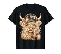 Hot Mess Highland Cow Café Helado Lindo Cowgirl Mujer Camiseta