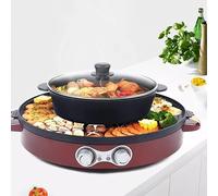 Hot Pot Barbacoa eléctrica 2 en 1 y rasqueta de 2200 W, fácil de limpiar, para el hogar, la sartén y la placa de cocción (rojo)
