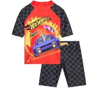 Hot Wheels Bañador Niño 3-8 Años, Conjunto 2 Piezas Bañador Boxer y Camiseta Rashguard, Traje de Baño Niño Piscina Vacaciones (6-7 Años, Rojo/Negro Hot Wheels)