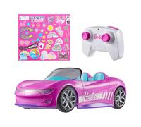 Hot Wheels Barbie Descapotable teledirigido, coche rosa de juguete por control remoto con capacidad para dos muñecas Barbie, con maletero que se abre y hoja de pegatinas para personalizarlo, JBH05