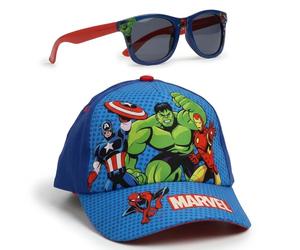Hot Wheels | Bluey | Avengers | Gabby's Dollhouse | Paw Patrol Conjunto de gorra de béisbol y gafas de sol | Sombrero y gafas de sol con protección UV 400 para niños (Avengers - Azul)