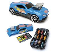 Hot Wheels Caja de almacenamiento para coche Race N' Haul 2 en 1 con mango retráctil, almacena hasta 15 coches (coches no incluidos) (HWCC)