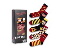 Hot Wheels Calcetines de ruedas para hombre (5 pares) en rojo, negro, amarillo y blanco | Diseños de cuadros y llamas | Multipack de uso diario | Patrones de carreras retro