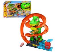 Hot Wheels City Batalla con T-Rex y Coche de Juguete a Escala 1:64 | Pista de 46 cm de alto con finales variados, ojos de Dino giran al ser golpeados, JBM73