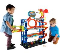 Hot Wheels City Garage Definitivo Pista y 2 Coches de Juguete | Garaje de 4 niveles con dragón devorador de coches, guarda 50+ vehículos 1:64 y 2 incluidos, HKX48