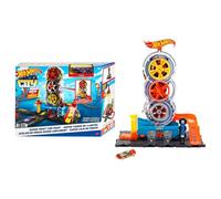 Hot Wheels City Super Twist Taller de Llantas y Coche de Juguete | Pista con detalles para empujar, gira la llave y haz que los coches crucen las llantas, HDP02
