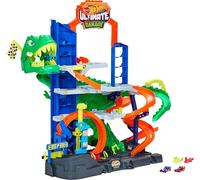 Hot Wheels City Ultimate T-Rex Garage y 2 Coches de Juguete de Metal | Incluye 2 vehículos escala 1:64, Dino enemigo, almacena más de 50 coches y camiones, JHL98