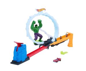 Hot Wheels Conjunto de Pista para Coches de Juguete, Conjunto de Juego | Spider-Man y Hulk aplasta con 1 vehículo metálico Superstar Speeders, corre por el looping para derrotar a villanos, JMR29