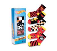 Hot Wheels Juego de 5 calcetines de pantorrilla para niño | Diseños de rayas rojas, negras y amarillas a cuadros | Estampados de llamas y damero | Calcetines deportivos para niños