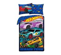 Hot Wheels - Juego de cama infantil de 2 piezas, funda nórdica de 140 x 200 cm y funda de almohada de 70 x 90 cm, 100% microfibra, diseño de carreras automotrices, color azul y multicolor
