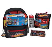 Hot Wheels Juego de mochila para niños, juego de mochila escolar de 5 piezas con bolsa de almuerzo, botella de agua, estuche para lápices y llavero, mochila y bolsa de almuerzo para niños, regalo de