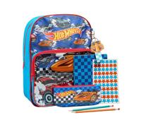 Hot Wheels Juego de mochila para niños, mochila escolar con estuche, cuaderno, calcomanías y llavero, juego de regalo de mochila de coche de carreras, mercancía