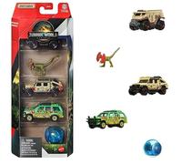 Hot Wheels Jurassic World - Coches de juguete, camiones y dinosaurios, paquete de 5 con vehículo de juguete fundido a escala 4 1:64 y 1 dinosaurio de la franquicia (juego 1)