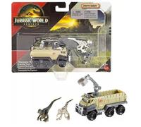 Hot Wheels Jurassic World Rebirth, vehículo y figura de la colección de dinosaurios (Velociraptor azul y camión de captura de atrociraptor)