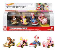 Hot Wheels Mario Kart 4-Pack Collectible Juego de 4 vehculos de juguete con Tanooki Mario Cat Peach Toad Sneeker & Toadette Cortela