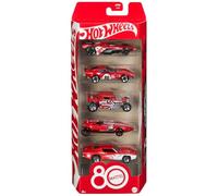 Hot Wheels Mattel 80 aniversario Pack de 5 coches, conjunto de 5 vehículos de juguete a escala 1:64 con embalaje y decoración de coleccionista, JGK08